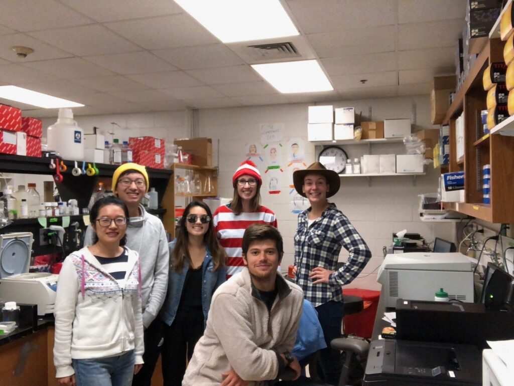 Lab members gather in lab for Halloween