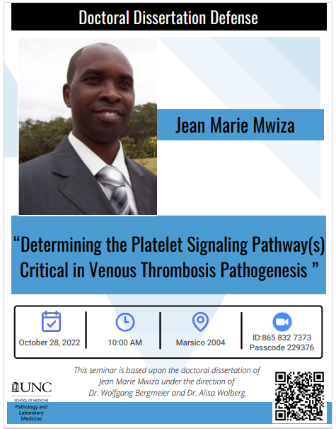 Jean Marie Mwiza photo and the flier for his defense. All text on this event post