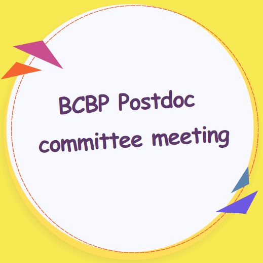 yellow background circle and triangle text "postdoc committee meeting logo"