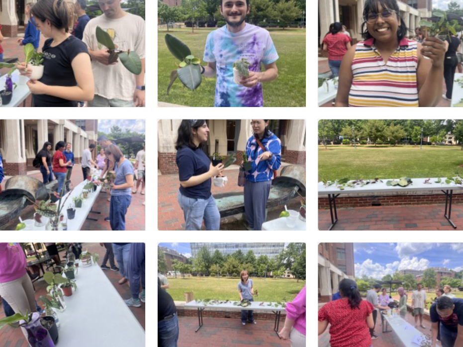 A collage of nine photos which highlight a diverse group of students and faculty trading plants 