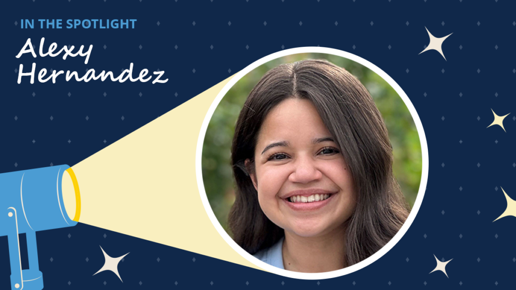 Navy blue background has diamonds and starbursts. A spotlight icon shines on a circular image of Alexy Hernandez. A label reads "In the spotlight." Below the label is the text "Alexy Hernandez."