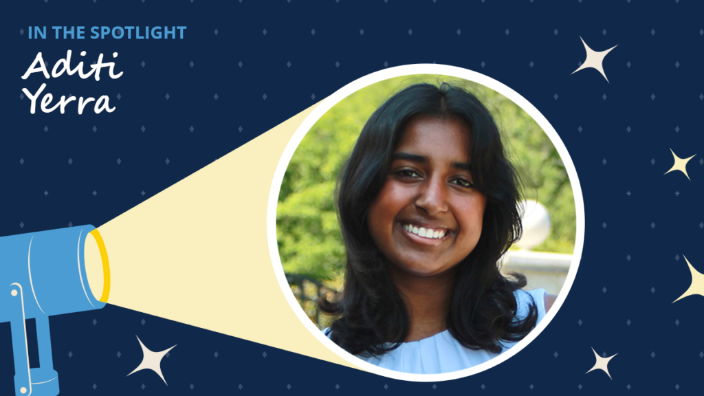 Navy blue background has diamonds and starbursts. A spotlight icon shines on a circular image of Aditi Yerra. A label reads "In the spotlight." Below the label is the text "Aditi Yerra."
