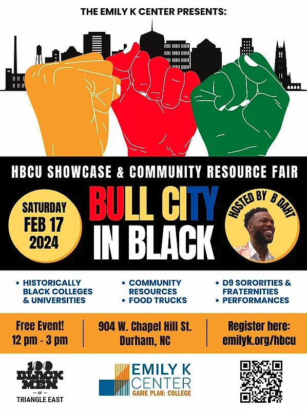 Flyer for the Event titles Bull City in Black, HBCU Showcase and Community Resources fair describing what to expect to find at this event including: HBCUs, Community resources, Food Trucks, D9 Sororities and Fraternities and Performances